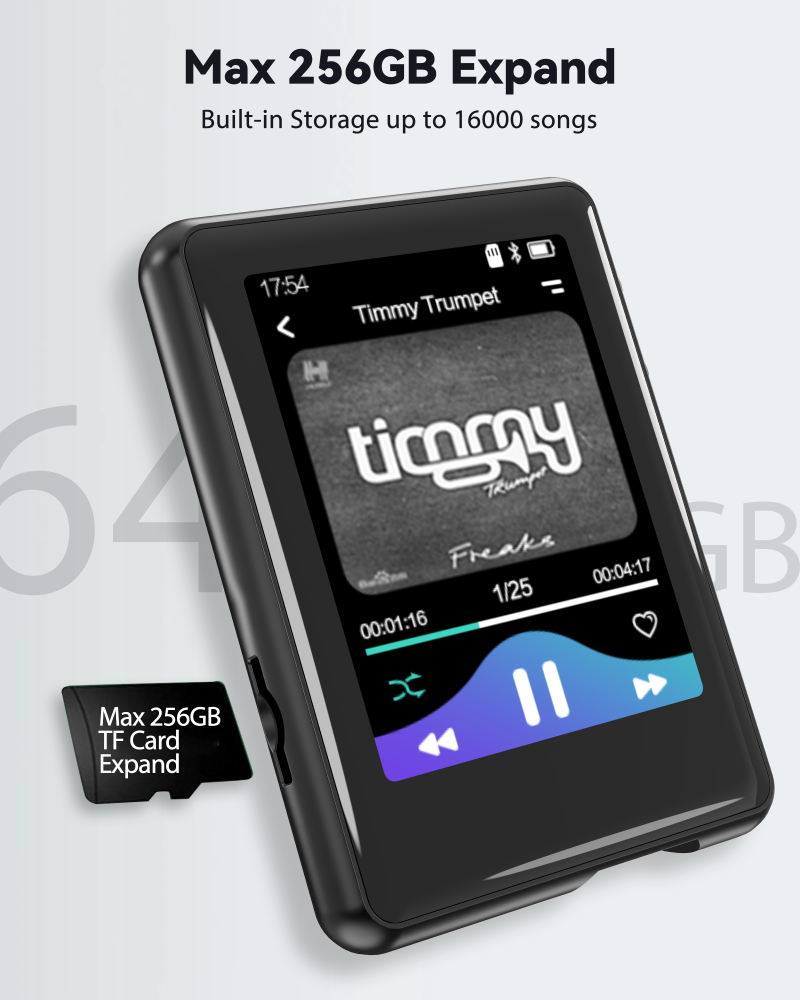 64GB MP3 Player with Bluetooth 5.3, Full Touch Screen Mp3 Mp4 Music Player Built-in Speaker,FM Radio,Voice Recorder,Ebook,Support 256GB TF Card,Shuffle. Earphones Included