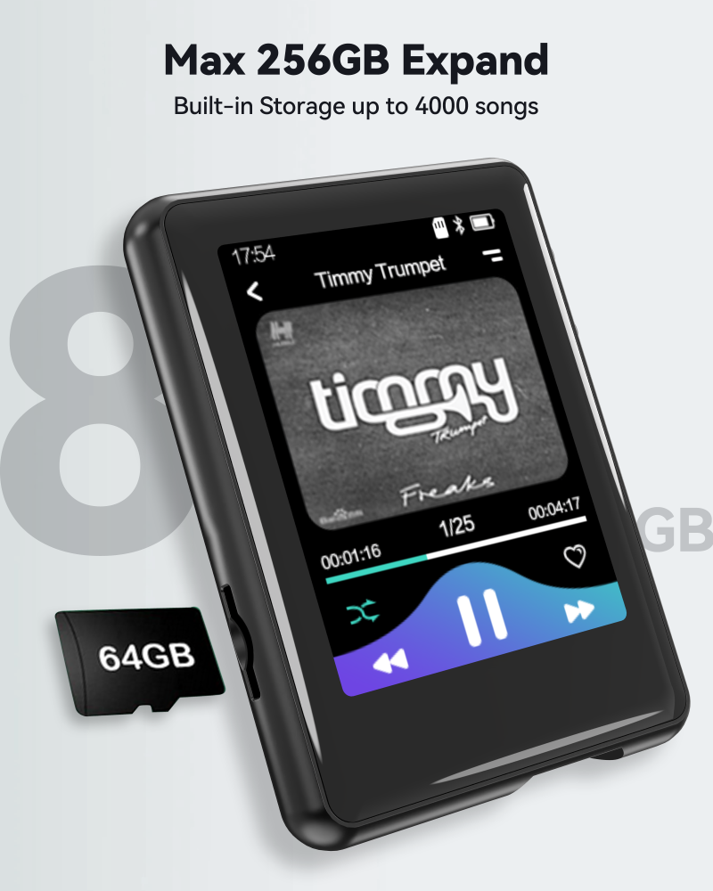 64 GB MP3-speler met Bluetooth 5.3, ultralicht (30 gram), tot 80 uur